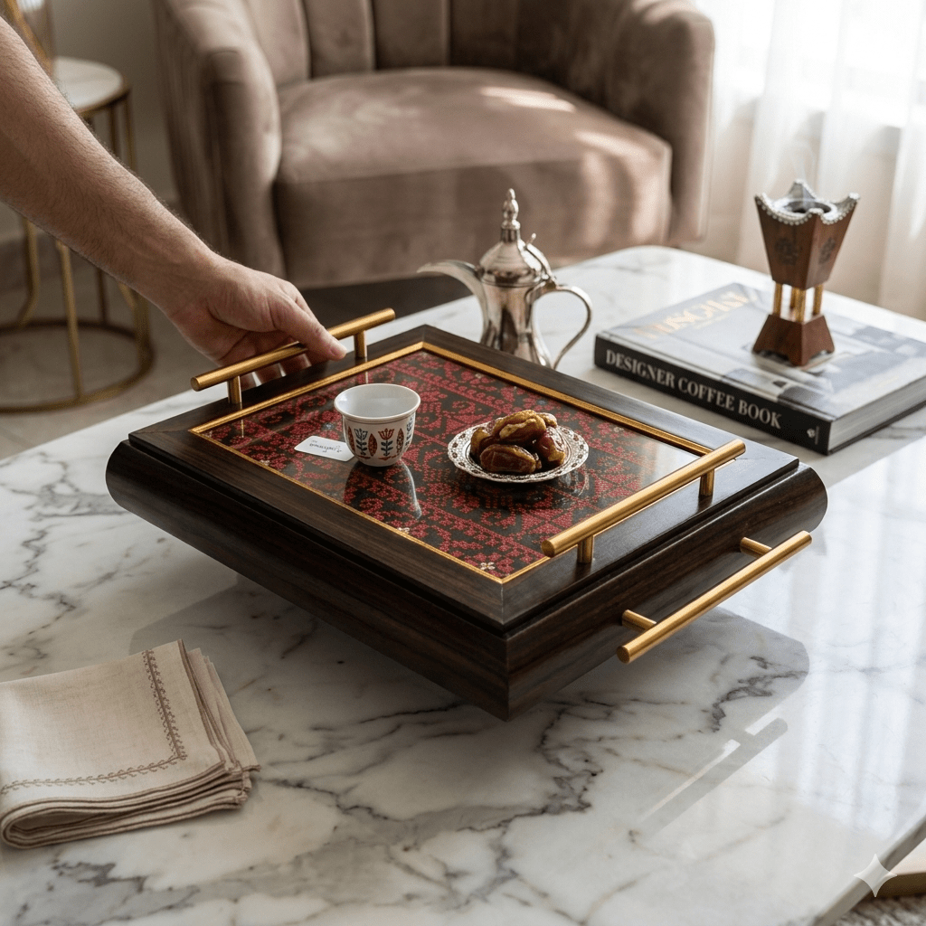 مضيفة خشب تطريز فلاحي صينية+مضيفة مقسمة - Rekaz Home