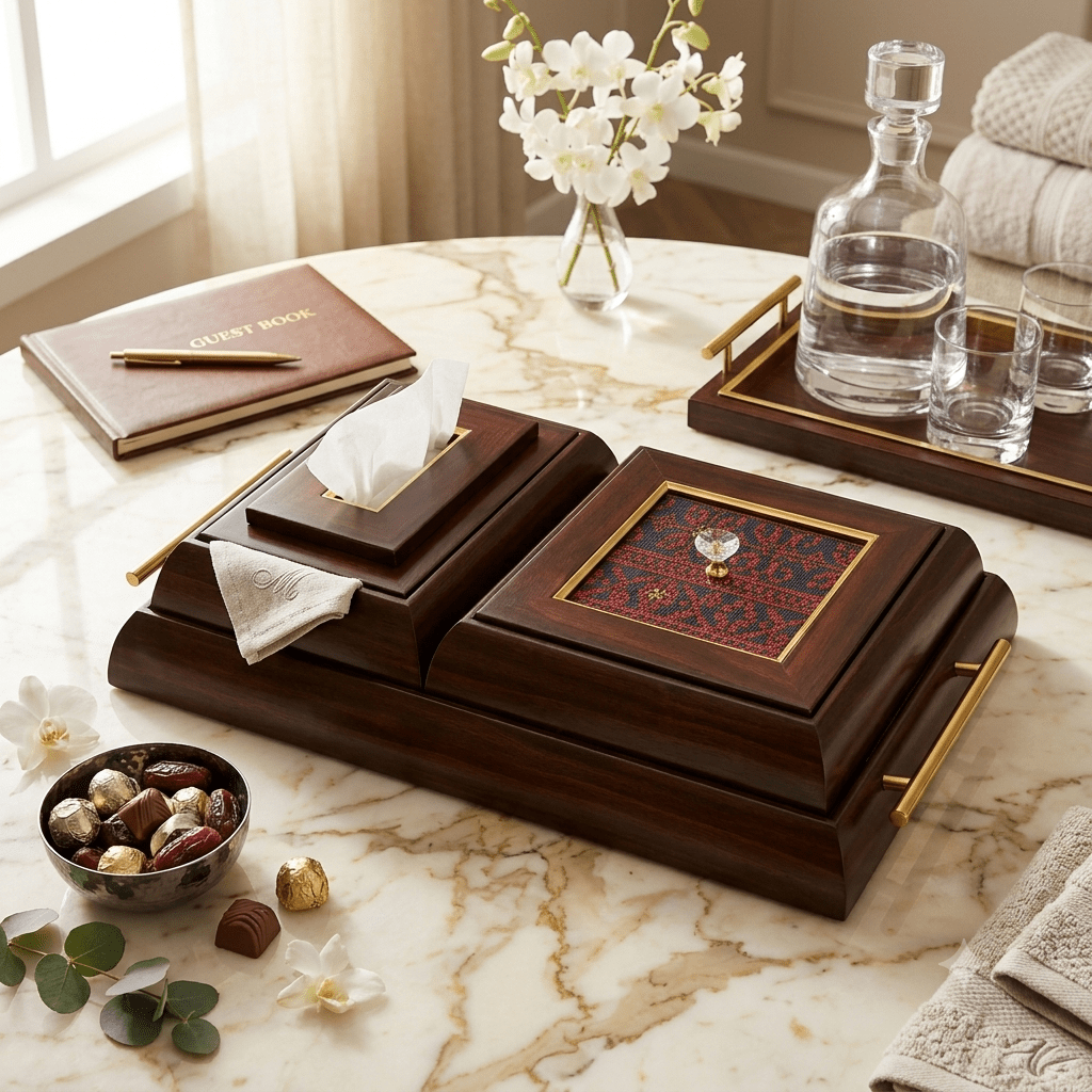 مضيفة خشب تطريز فلاحي مزدوج مع باكيت محارم - Rekaz Home