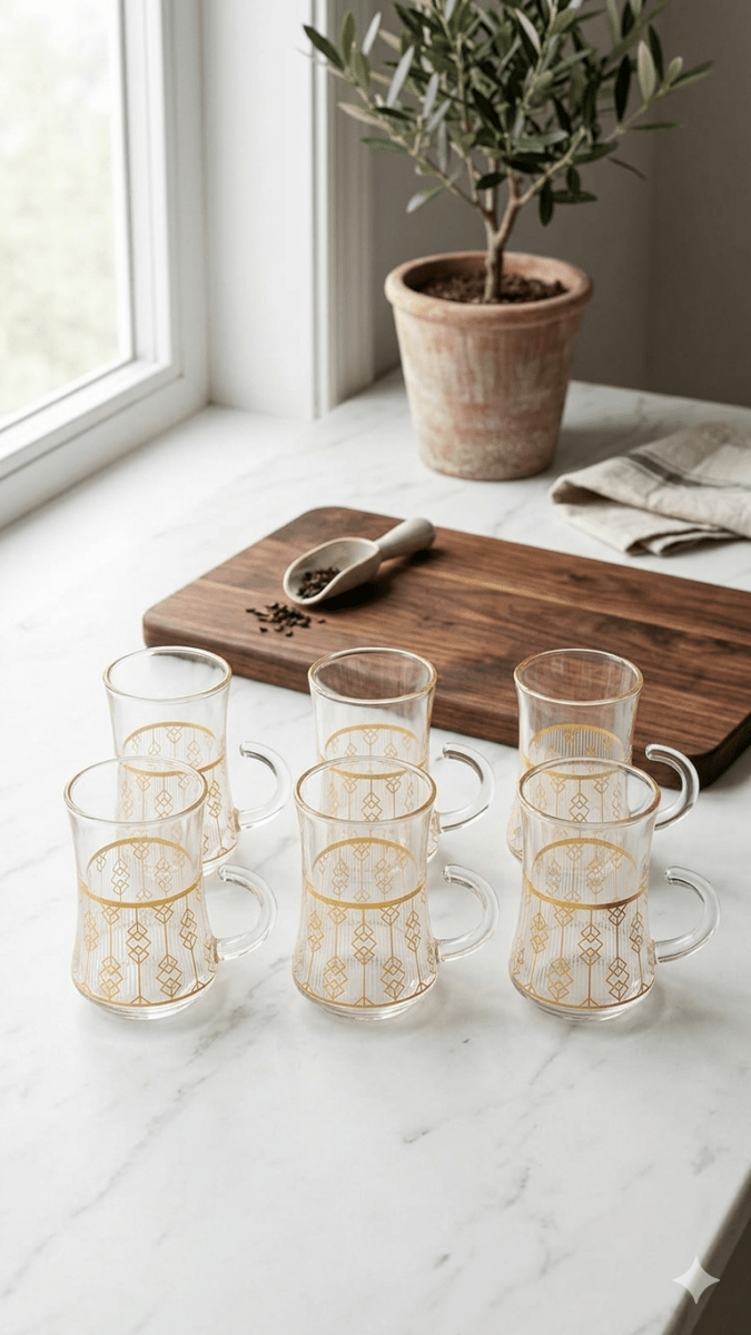 طقم استكانة شاي عدد 6 مذهب - Rekaz Home
