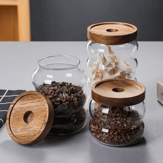 طقم مرطبانات زجاجية مع غطاء من خشب البامبو - Rekaz Home