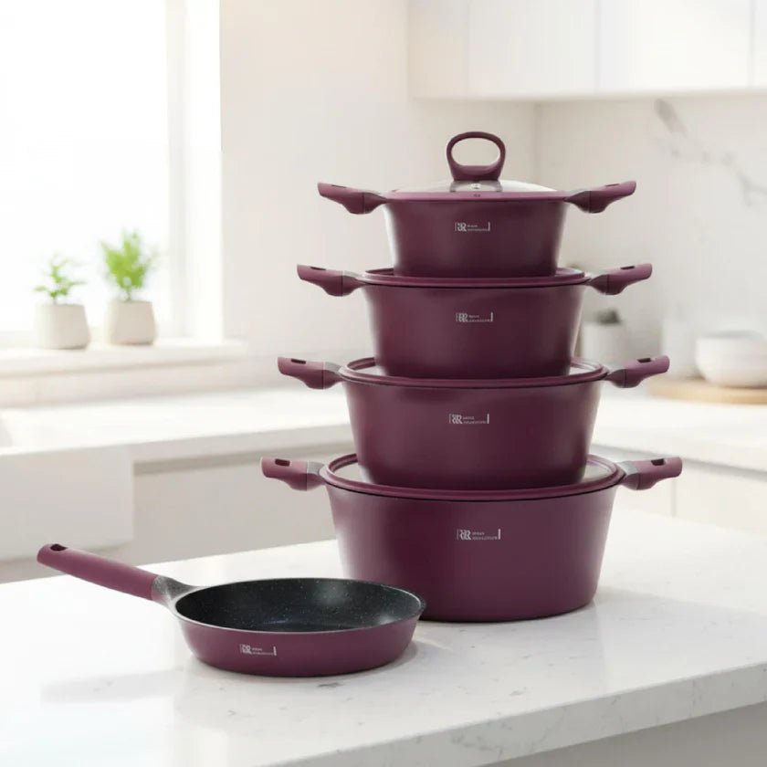 طقم طناجر جرانيت رويال 9 قطع | موديل نوردك | برغندي - Rekaz Home