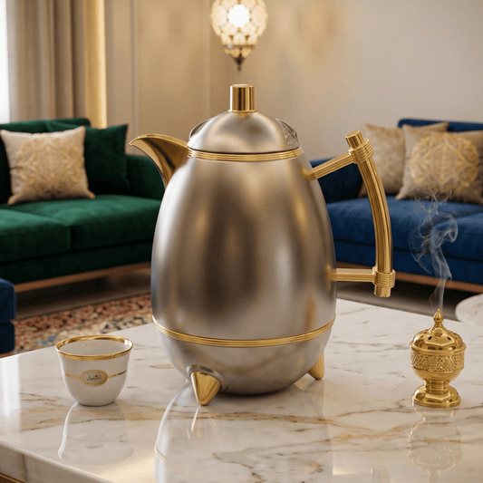 دلة قهوة رويال | موديل عقيق | 1 لتر | فضي غير لامع وذهبي - Rekaz Home