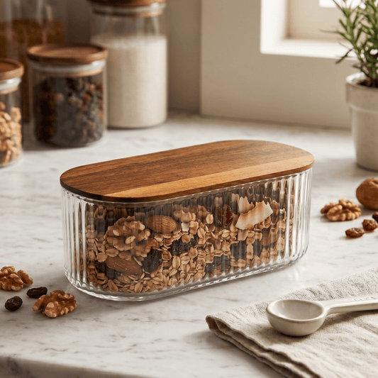 حافظة طعام زجاجية بيضاوي مع غطاء خشبي | 26 سم × 8 سم - Rekaz Home