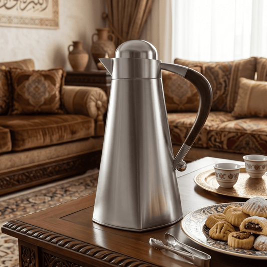 دلة قهوة رويال | موديل شاهين | 1 لتر | فضي بيد خشبية - Rekaz Home