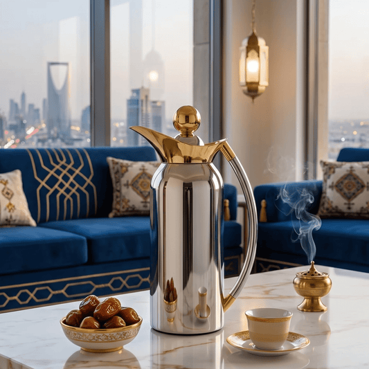 دلة قهوة رويال | موديل رقٌي | 1 لتر | فضي مع ذهب - Rekaz Home