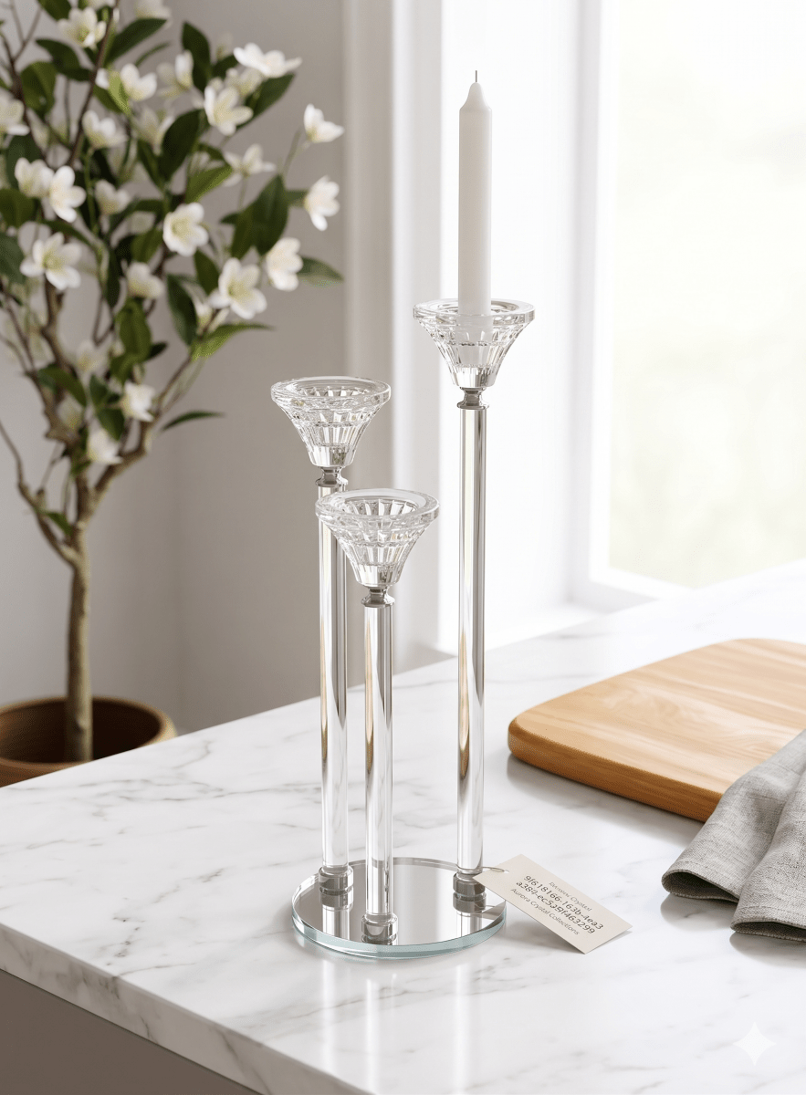 شمعدان كريستال ثلاثي سلفر 40 سم - Rekaz Home