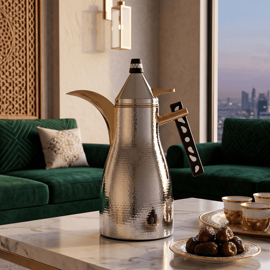 دلة قهوة رويال | موديل هلا | 1 لتر | فضي مع يد ذهبي - Rekaz Home