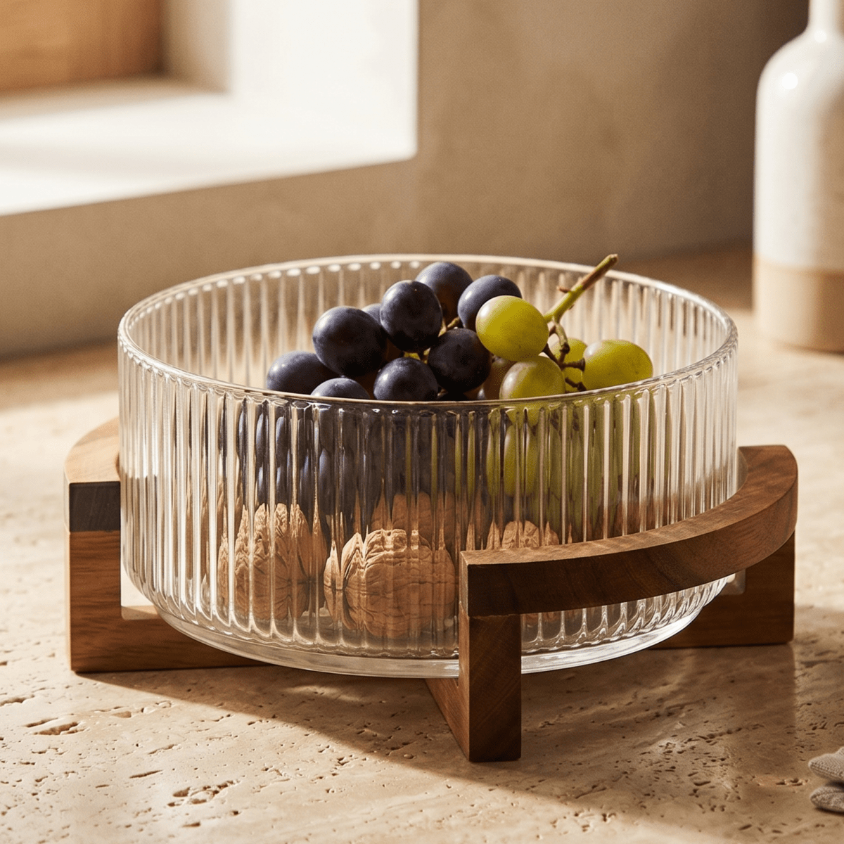 وعاء زجاجي دائري مع قاعدة خشبية - Rekaz Home