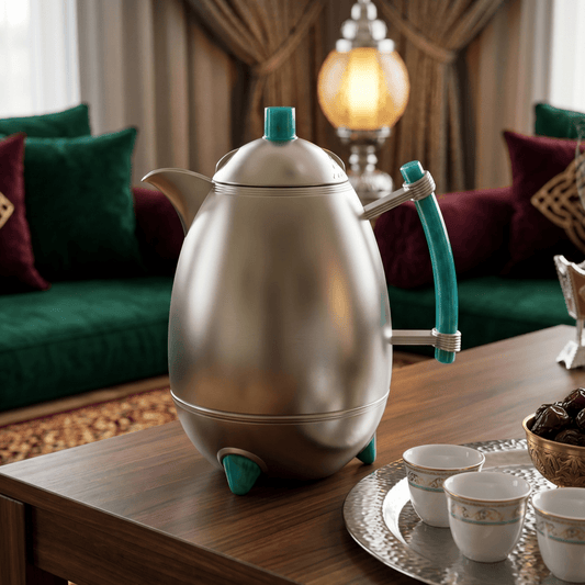 دلة قهوة رويال | موديل عقيق | 1 لتر | فضي بيد خضراء - Rekaz Home
