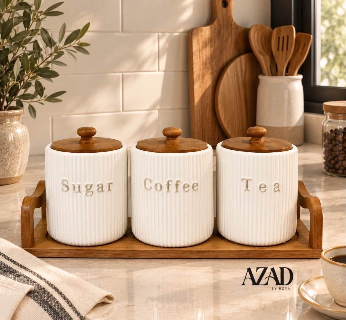 طقم علب سيراميك فاخر للشاي والقهوة والسكر مع قاعدة خشبية - (من AZAD BY ROYA) - Rekaz Home