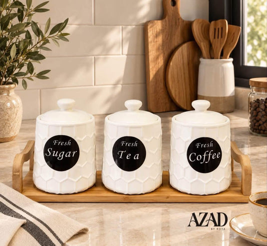 طقم علب سيراميك فاخر للشاي والقهوة والسكر مع قاعدة خشبية - (من AZAD BY ROYA) - Rekaz Home