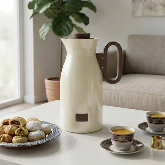 دلة قهوة نوڤل بالون البيج والخشبي سعة ١ لتر - Rekaz Home