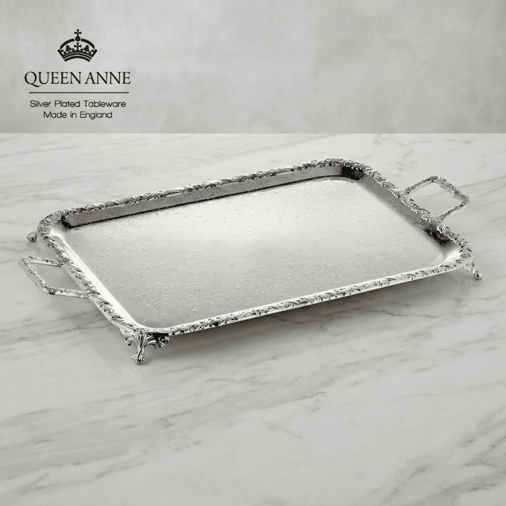 صينية ضيافة مستطيلة فضة بأرجل من Queen Anne - Rekaz Home
