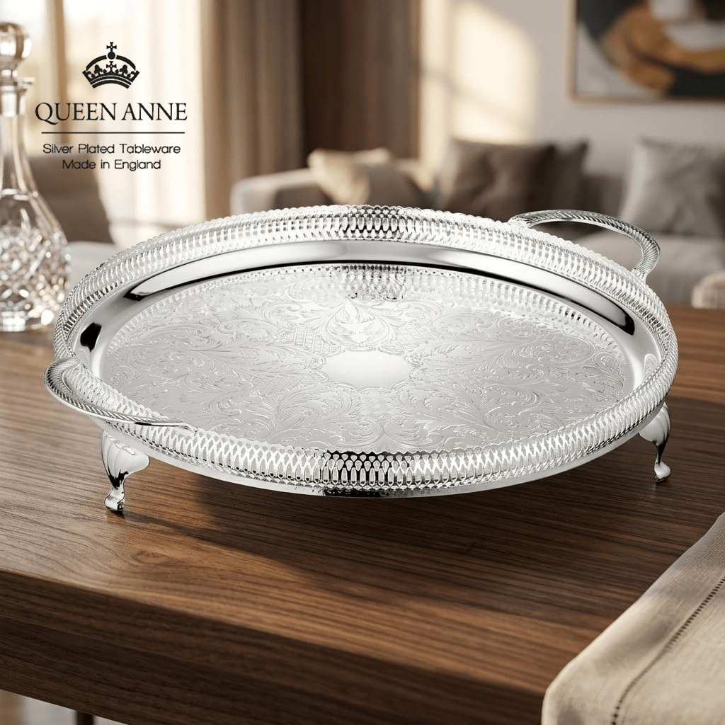 صينية ضيافة دائرية فضة بأرجل من Queen Anne - Rekaz Home
