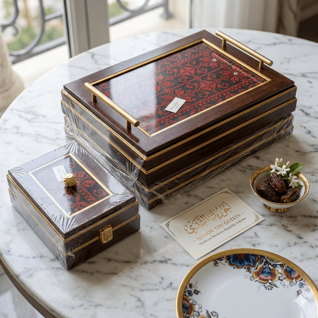 مضيفة خشب تطريز فلاحي صينية+مضيفة مقسمة - Rekaz Home