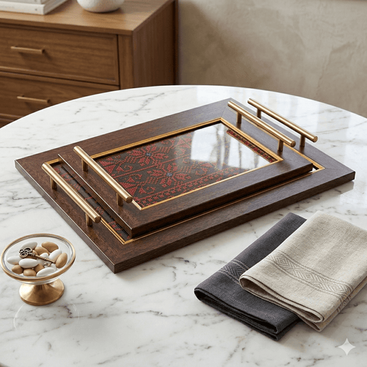 طقم صواني خشب تطريز فلاحي - Rekaz Home