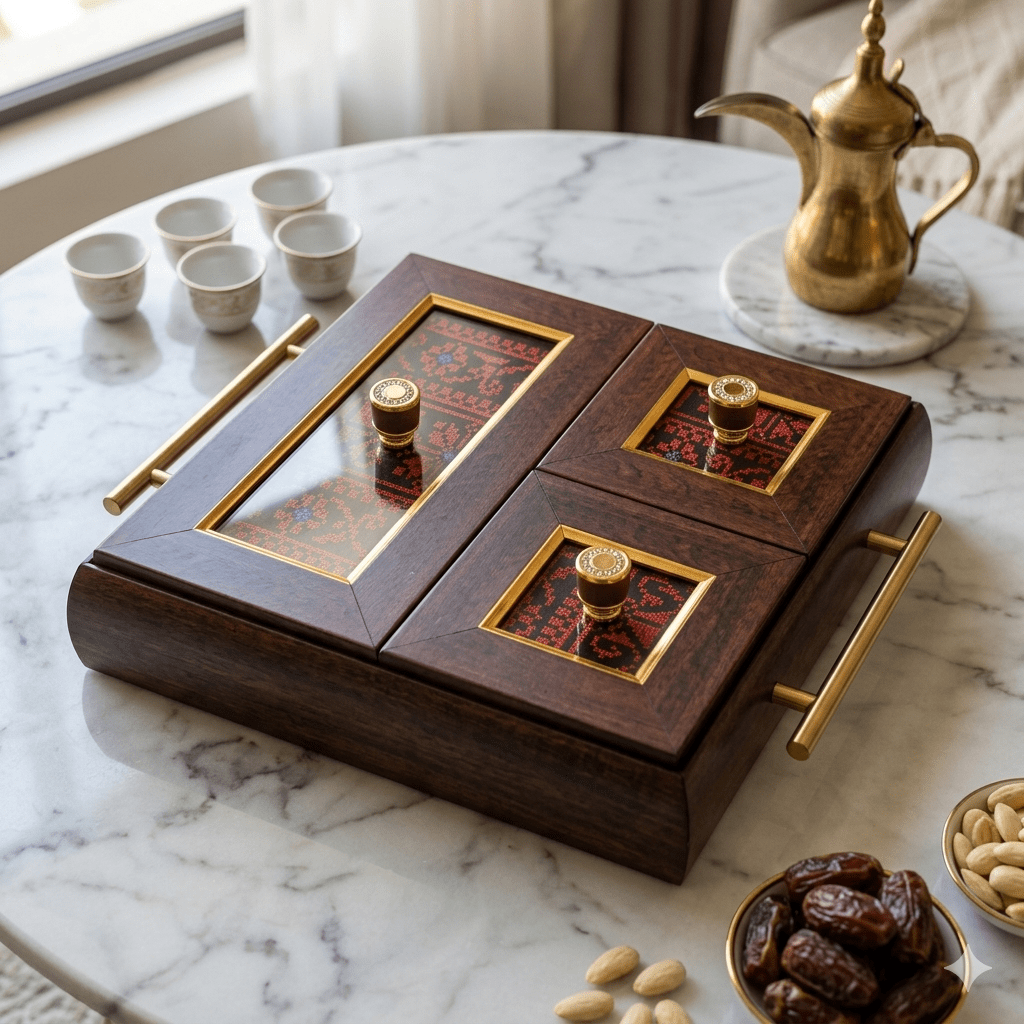 مضيفة خشب تطريز فلاحي ثلاثية مربعة - Rekaz Home