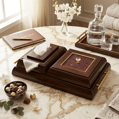 مضيفة خشب تطريز فلاحي مزدوج مع باكيت محارم - Rekaz Home