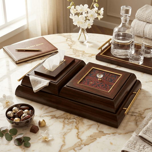 مضيفة خشب تطريز فلاحي مزدوج مع باكيت محارم - Rekaz Home