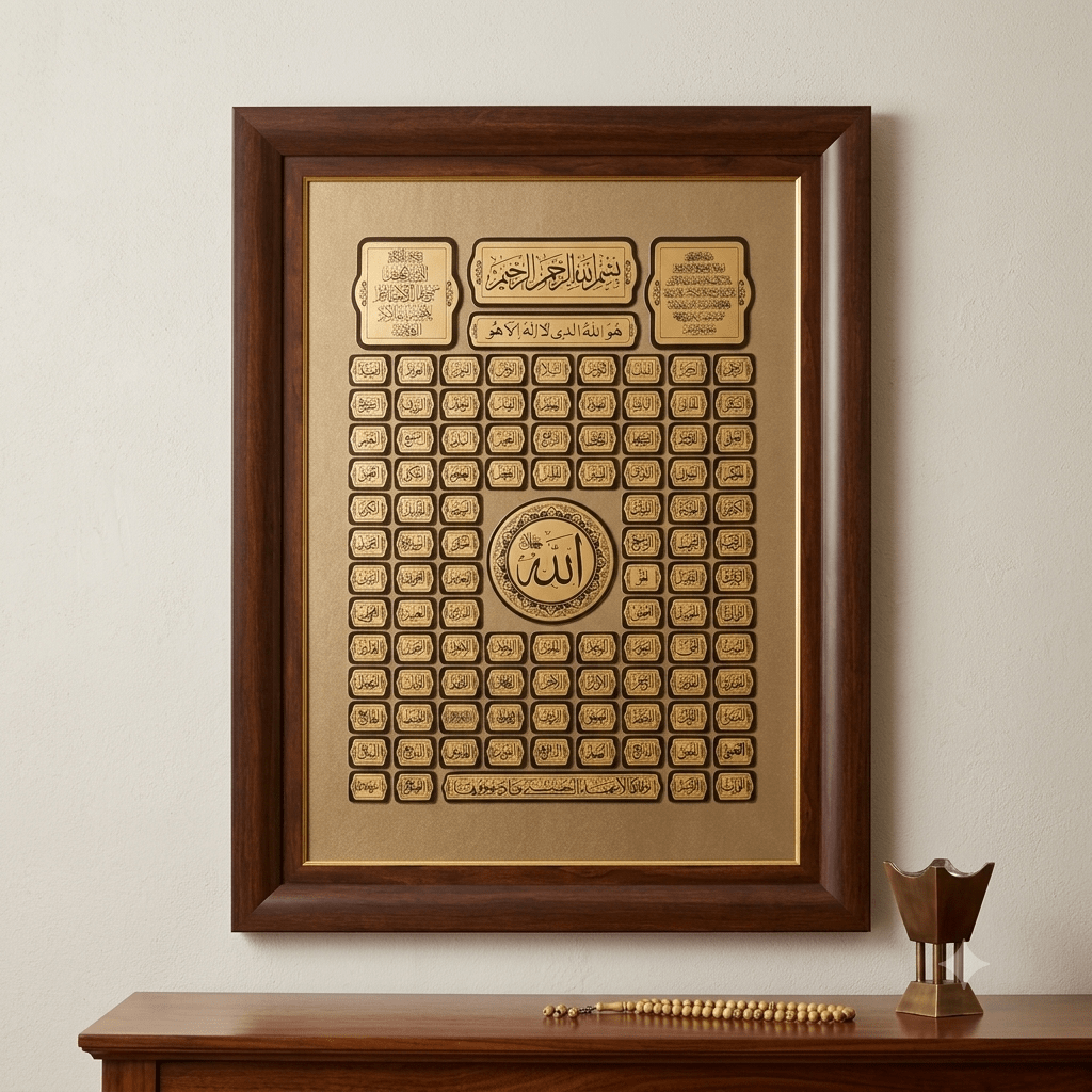 برواز اسماء الله الحسنى خشبي بالطول 90*70 سم - Rekaz Home