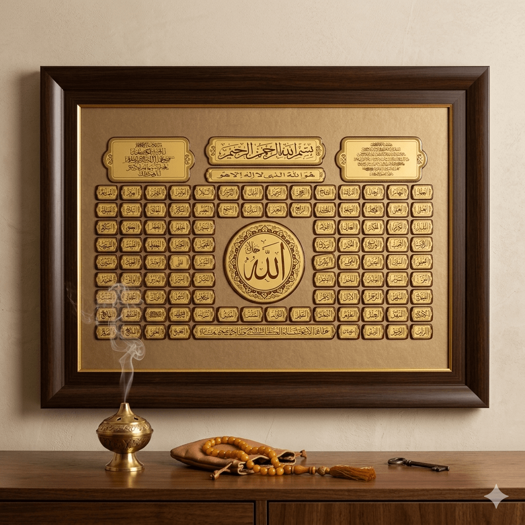 برواز اسماء الله الحسنى خشبي بالعرض 90*70 سم - Rekaz Home