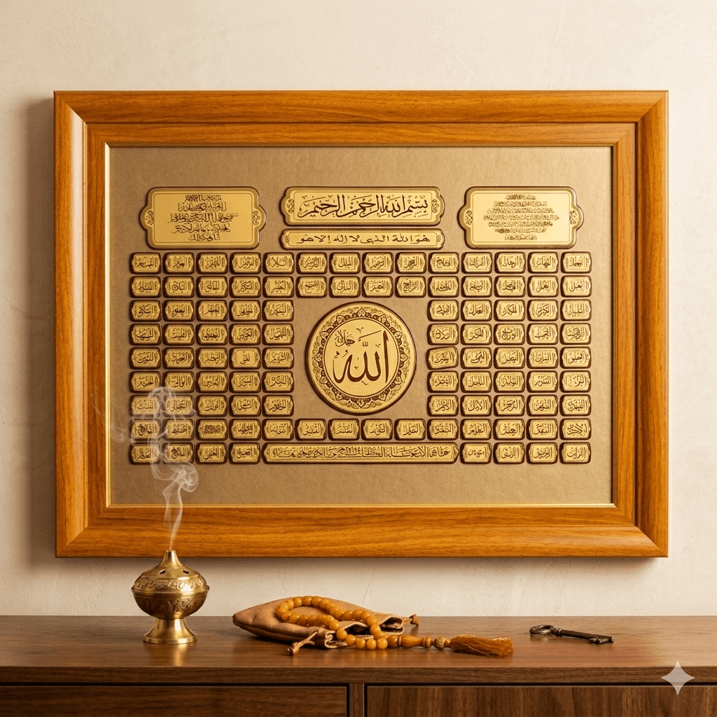 برواز اسماء الله الحسنى خشبي بالعرض 90*70 سم - Rekaz Home