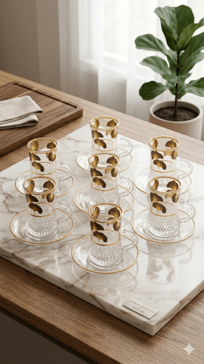 طقم استكانة شاي عدد 6 مذهب - Rekaz Home