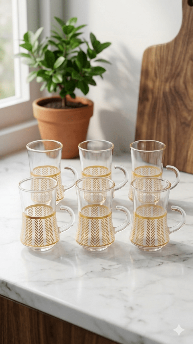 طقم استكانة شاي عدد 6 مذهب - Rekaz Home