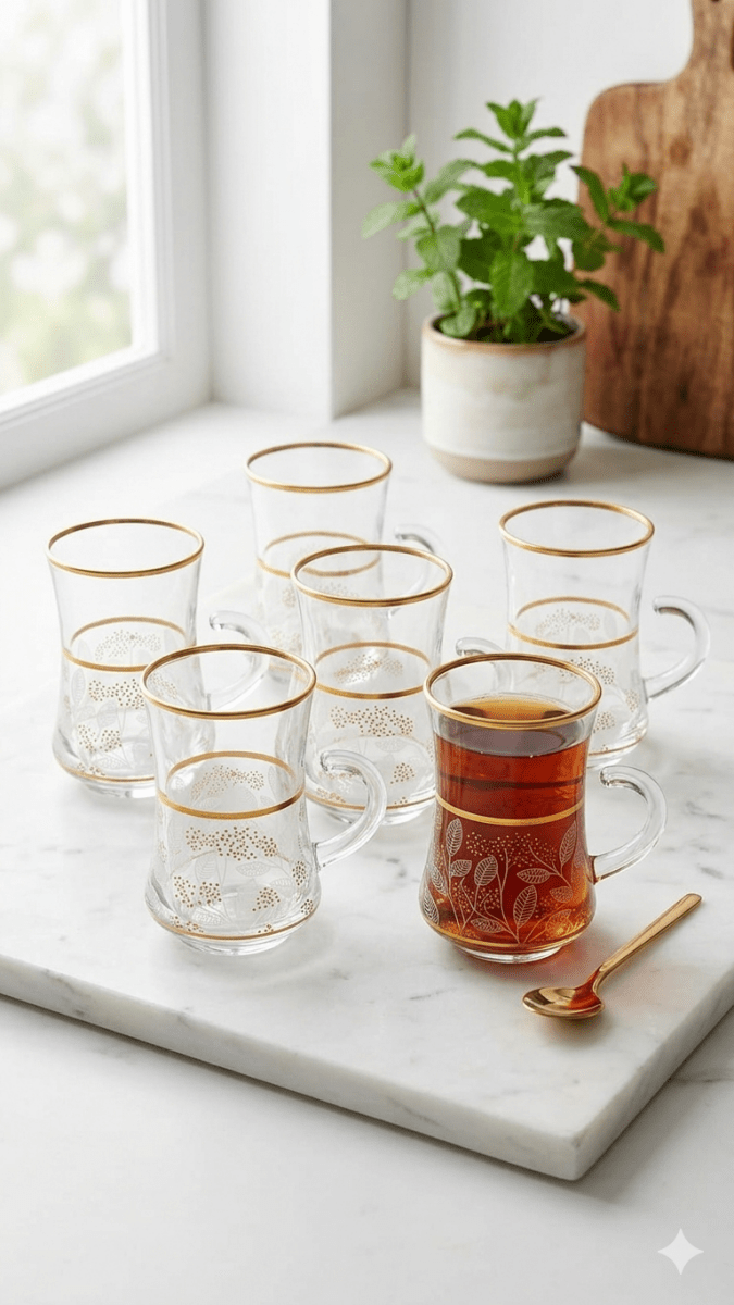 طقم استكانة شاي عدد 6 مذهب - Rekaz Home