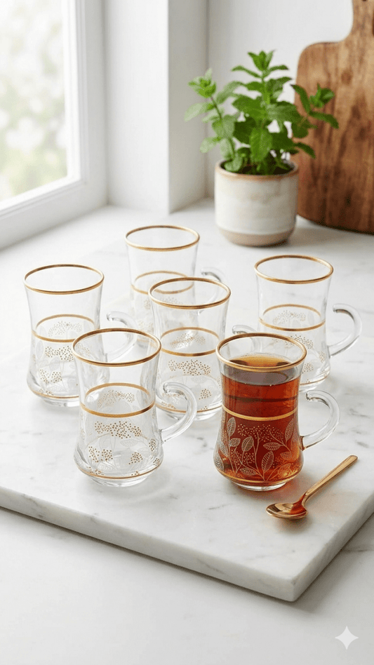 طقم استكانة شاي عدد 6 مذهب - Rekaz Home