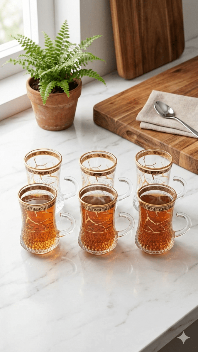 طقم استكانة شاي عدد 6 مذهب - Rekaz Home