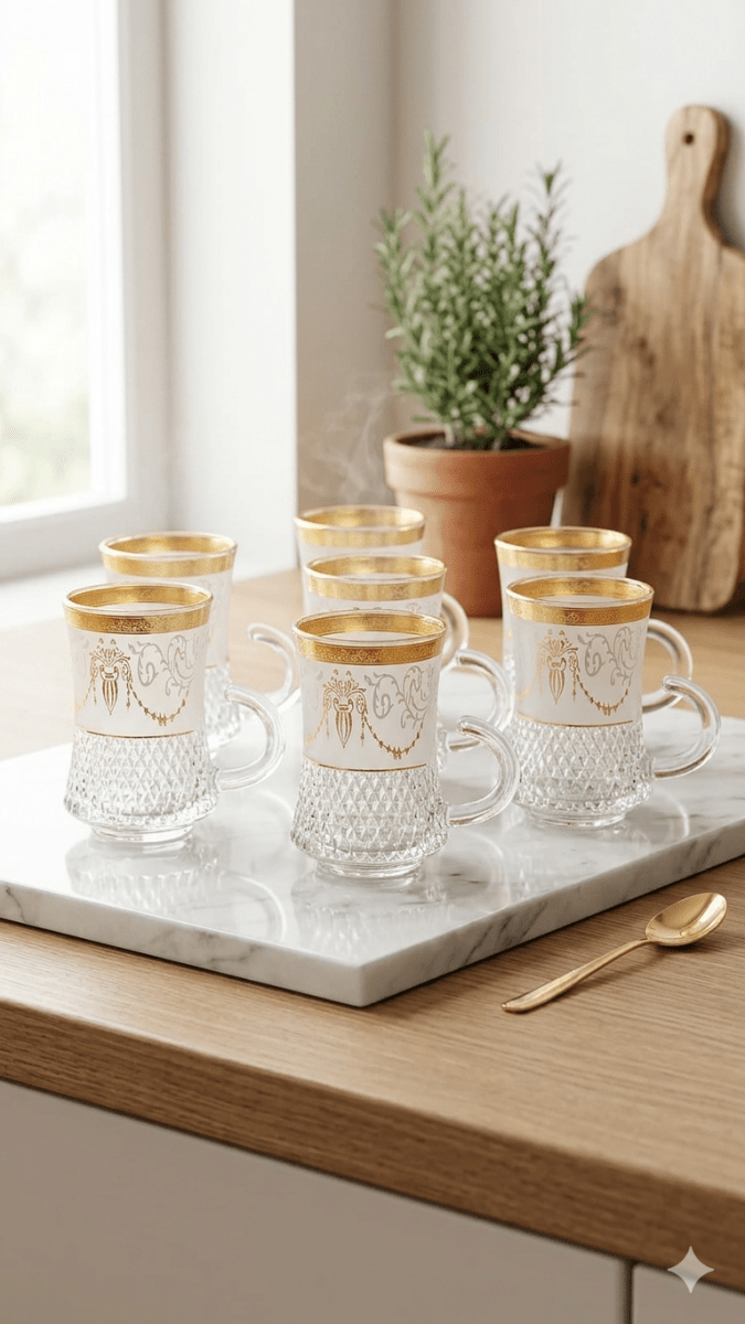 طقم استكانة شاي عدد 6 مذهب - Rekaz Home