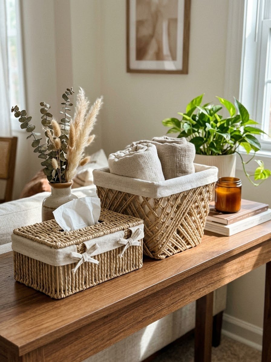 طقم سلة و باكيت محارم قش - Rekaz Home