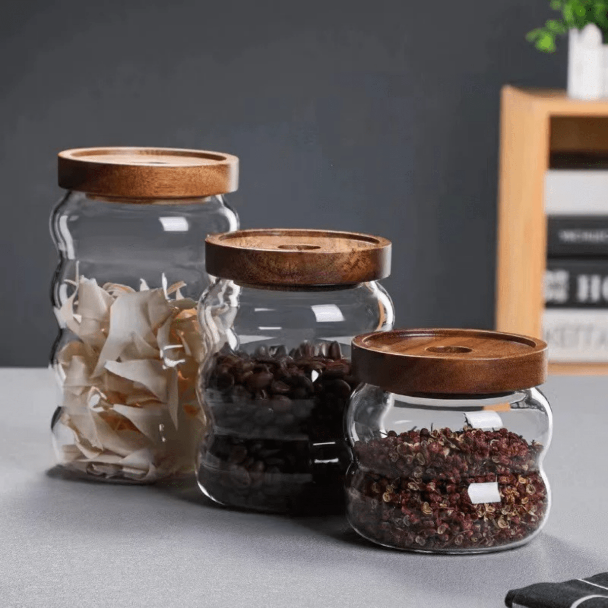 طقم مرطبانات زجاجية مع غطاء من خشب البامبو - Rekaz Home