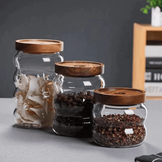 طقم مرطبانات زجاجية مع غطاء من خشب البامبو - Rekaz Home