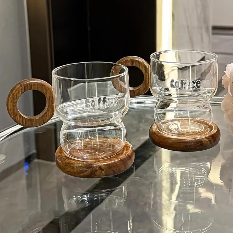 مج زجاج مع يد و كوستر خشب - Rekaz Home