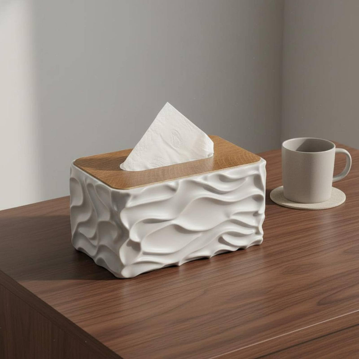 علبة مناديل / باكيت محارم مودرن بتصميم متموج وغطاء خشبي - Rekaz Home