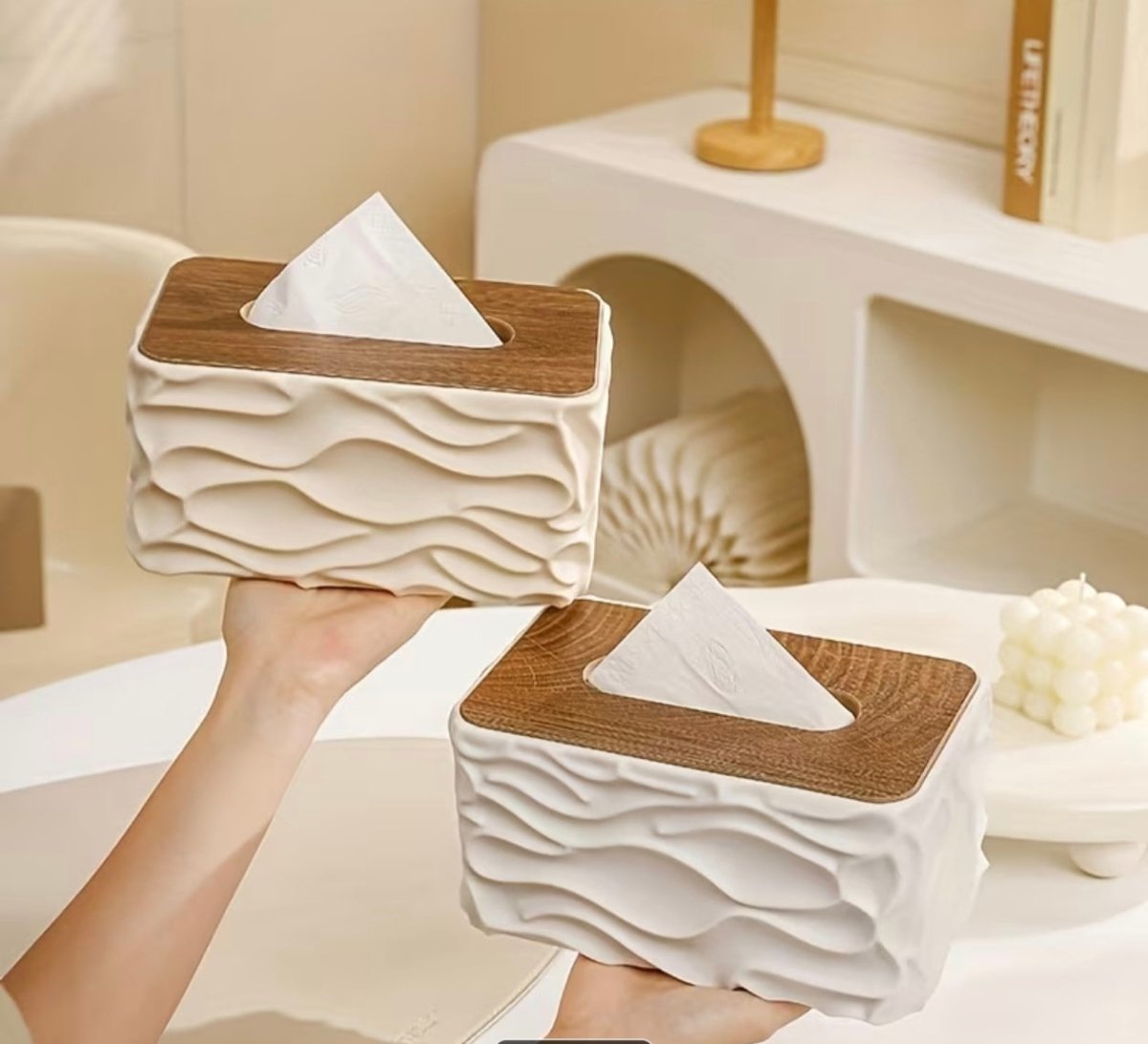 علبة مناديل / باكيت محارم مودرن بتصميم متموج وغطاء خشبي - Rekaz Home