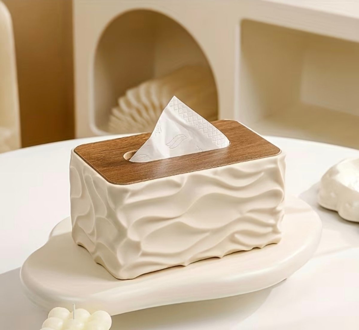 علبة مناديل / باكيت محارم مودرن بتصميم متموج وغطاء خشبي - Rekaz Home