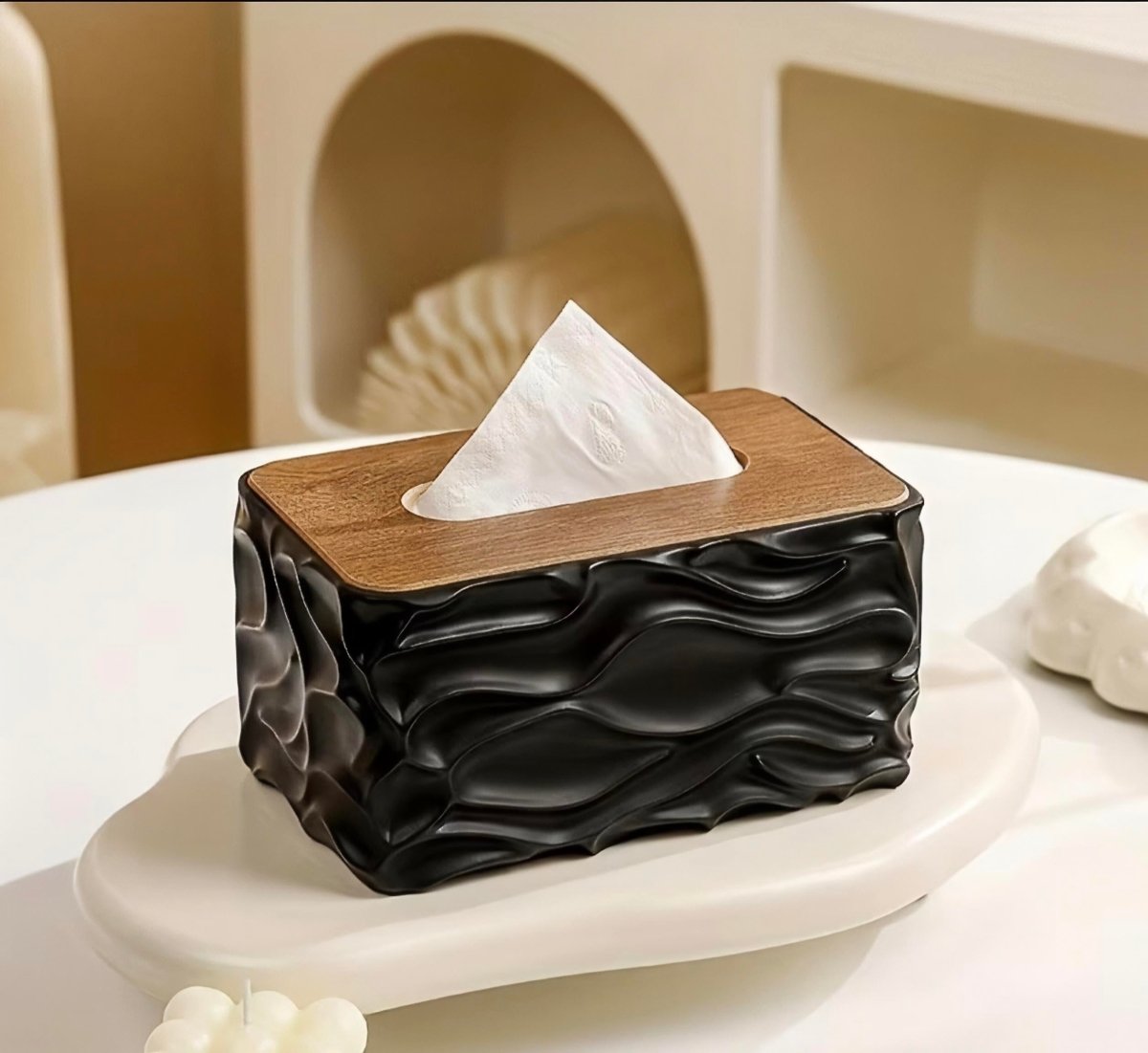 علبة مناديل / باكيت محارم مودرن بتصميم متموج وغطاء خشبي - Rekaz Home