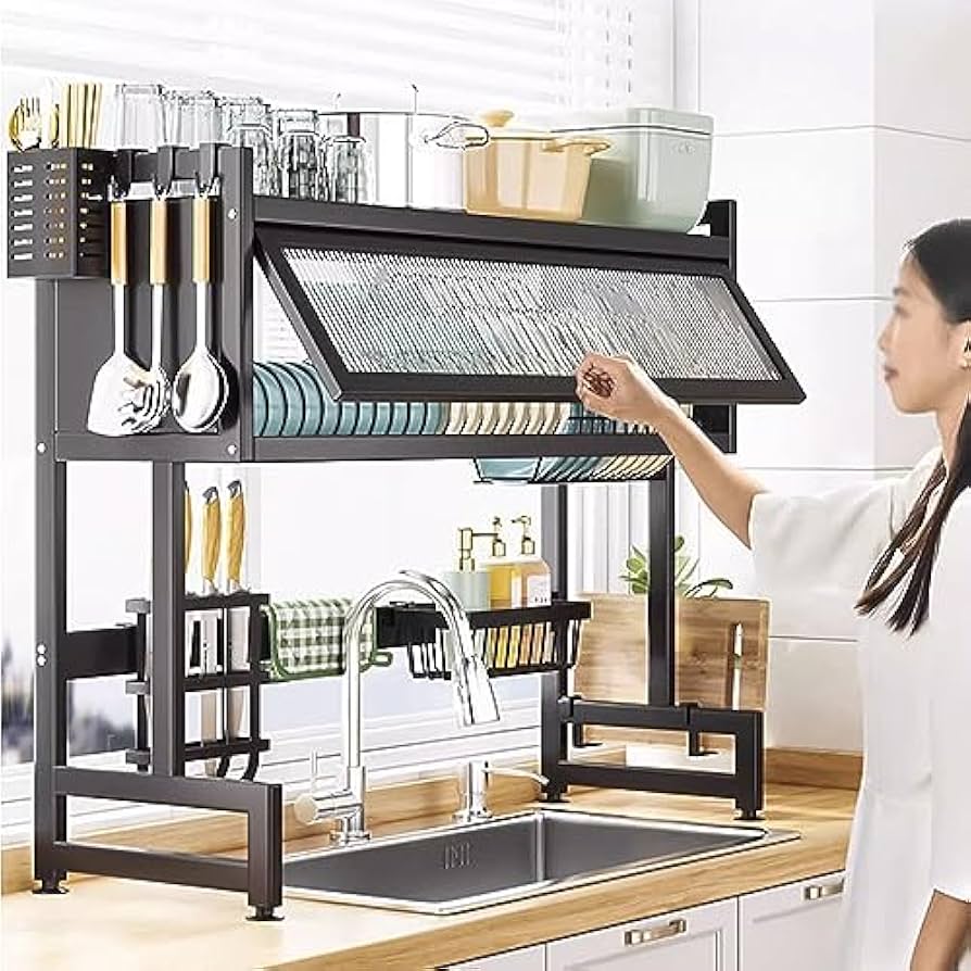 A dish drainer above the sink with a cabinet.