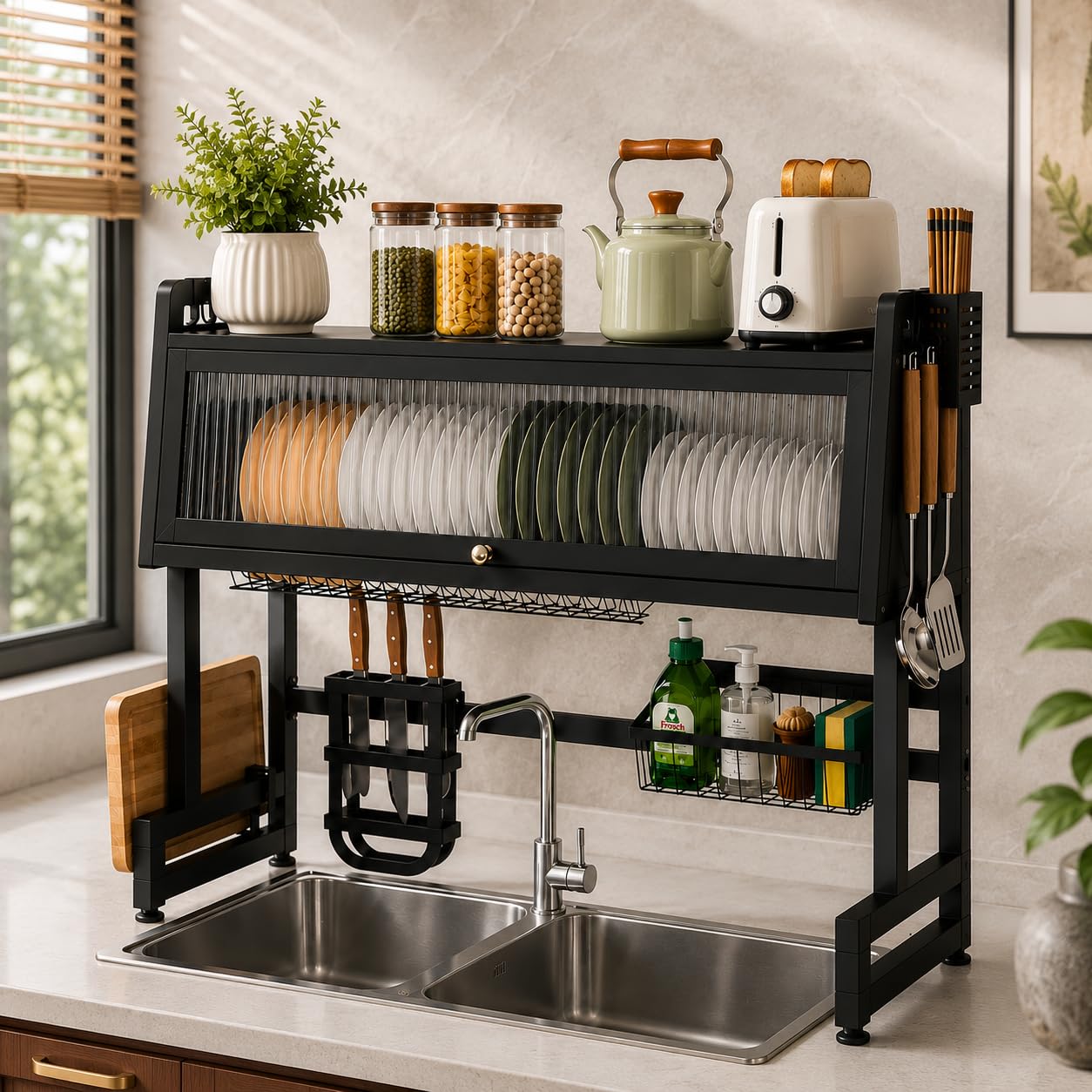 A dish drainer above the sink with a cabinet.