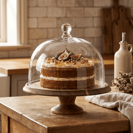 حامل كيك مع غطاء زجاجي وقاعدة خشبية | 30سم × 30سم - Rekaz Home