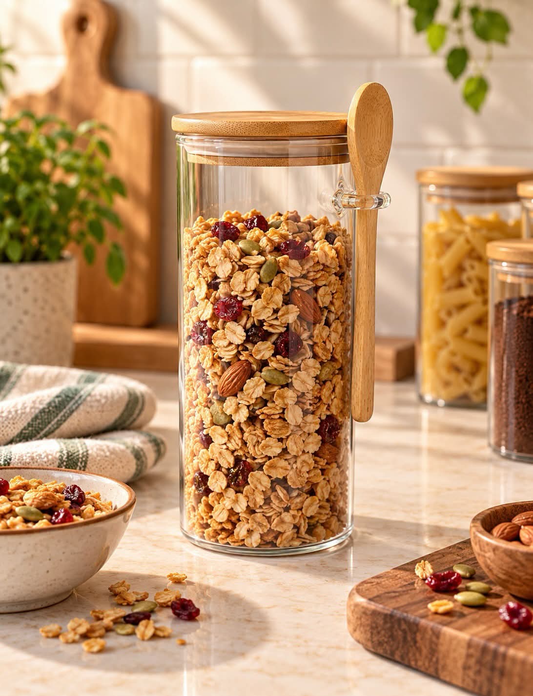 مرطبان زجاجي فاخر مع غطاء خشبي وملعقة خشبية ✨ 16 سم - Rekaz Home