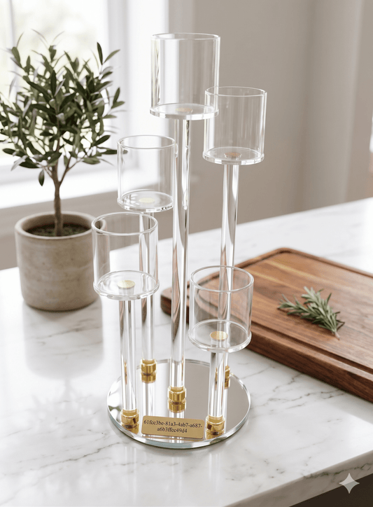 شمعدان كريستال خماسي مذهب 40 سم - Rekaz Home