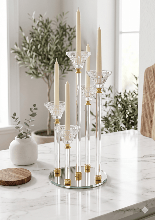 شمعدان كريستال خماسي مذهب 40 سم - Rekaz Home