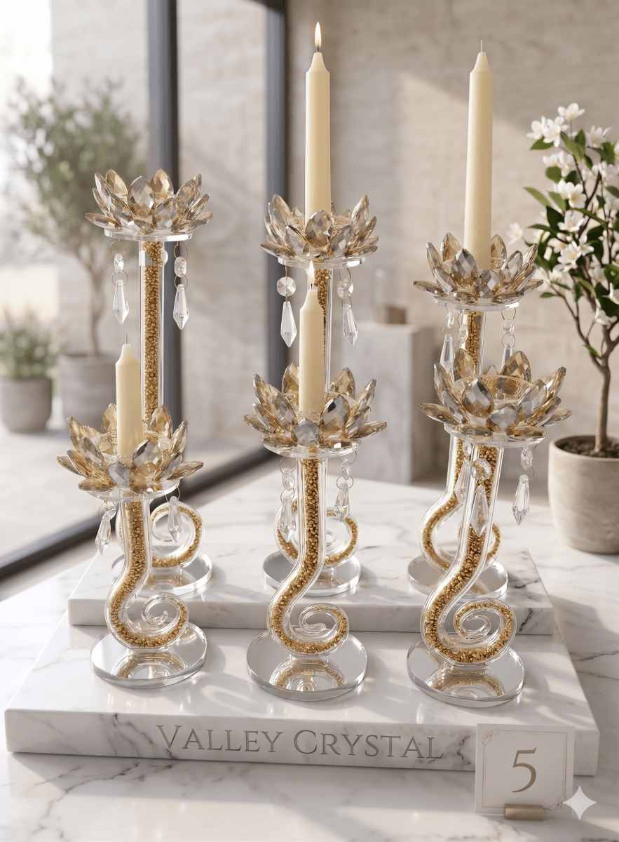 شمعدان كريستال 5 احجام اللون الذهبي - Rekaz Home