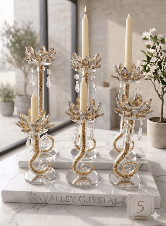 شمعدان كريستال 5 احجام اللون الذهبي - Rekaz Home