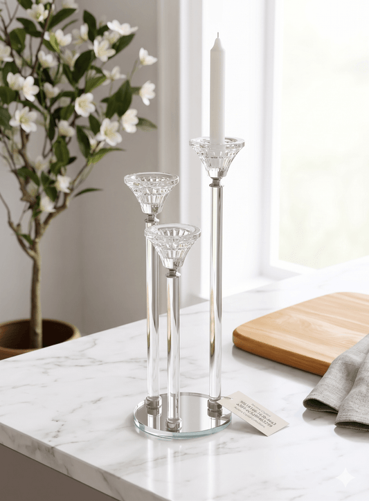 شمعدان كريستال ثلاثي سلفر 40 سم - Rekaz Home