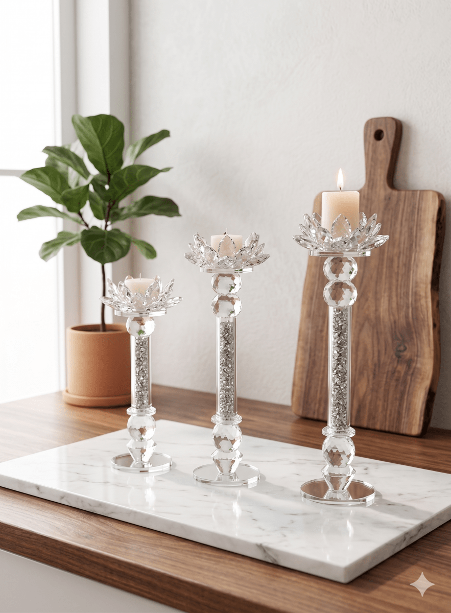 شمعدان كريستال 3 احجام اللون السلفر - Rekaz Home